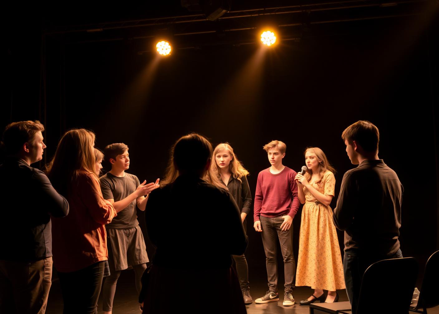 Theatre workshop with students improvising a scene